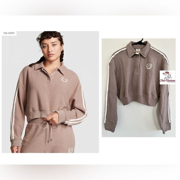 PINK REVERSE FLEECE CROPPED POLO SWEATSHIRT XS Iced Coffee - Picture 1 of 5